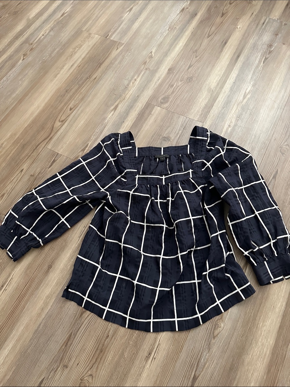J Crew square neck window pane shirt in navy. Very light weight fabric